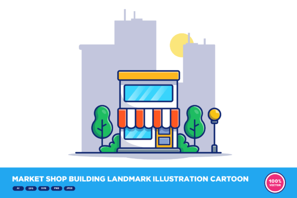 Market Shop Building Landmark Cartoon: Graphics & Illustrations